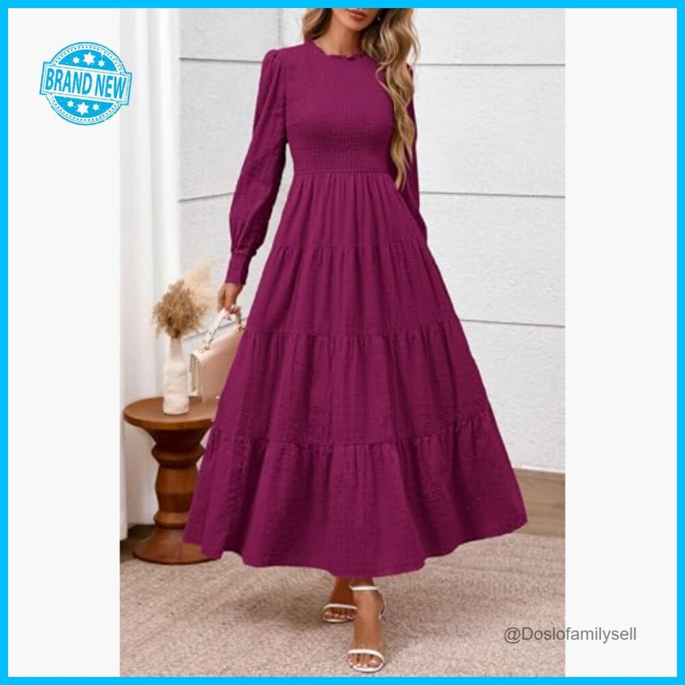 Elegant Swiss Dot Maxi Dress Smocked Waist Long Sleeve Formal Wedding Guest - Picture 2 of 7